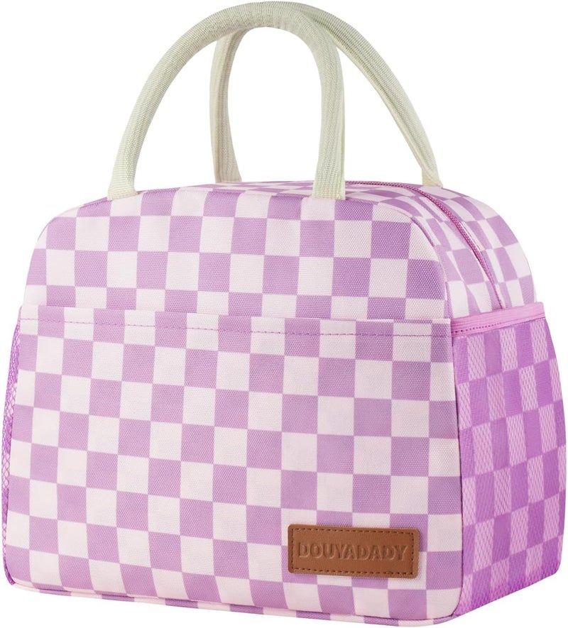 douyadady Lunch Bag Women/Men Lunch Box Women/Men (Purple+Pink Checkerboard) - Image 1